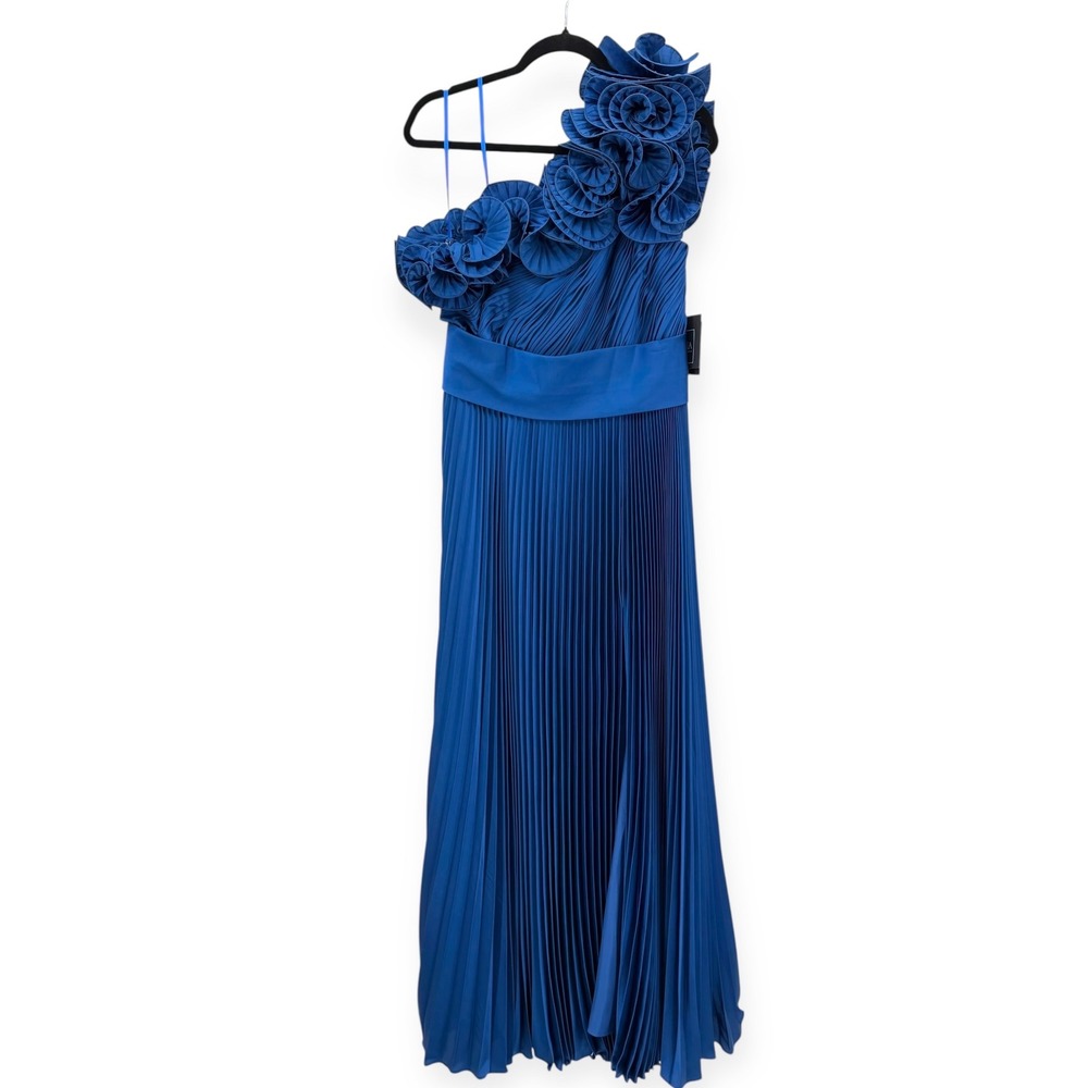 Mac Duggal Blue Pleated‎ Charmeuse One-Shoulder Ruffle Detail Evening Gown Sz 10 - Picture 3 of 11